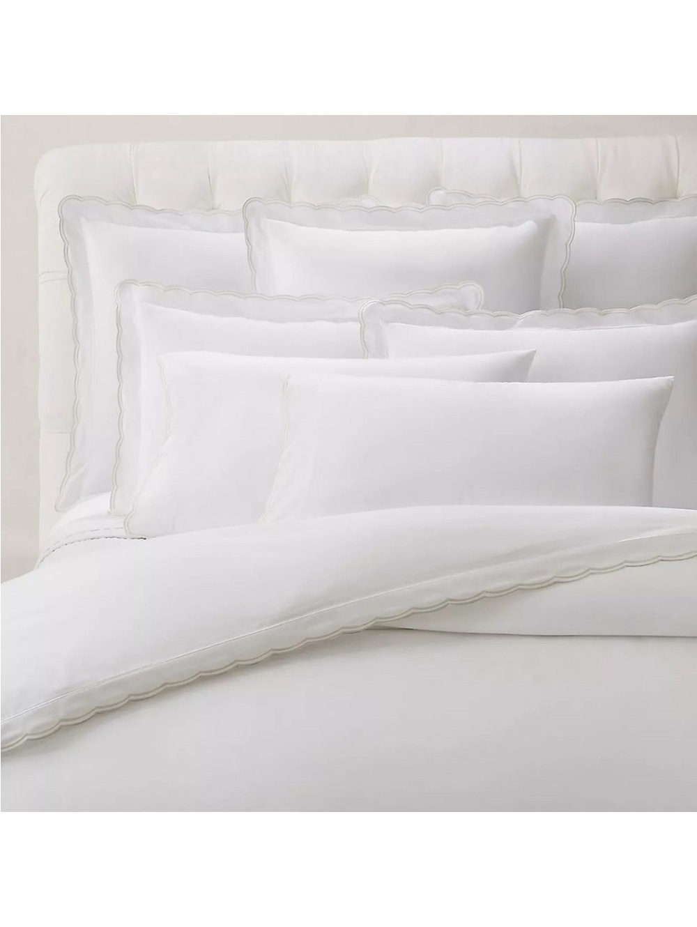 Ralph Lauren Malin Scallop Sateen Flat Sheet in White/Silver Trim, Queen NWT